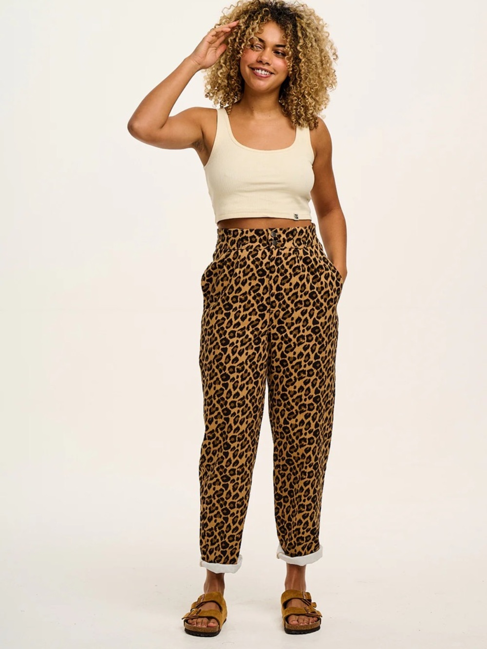 Lucy & Yak Addison High Rise Pleated Tapered Trouser Leopard Print 32P Petite